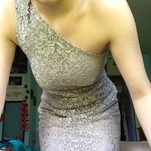prom dress silver / gold lace one shoulder!!